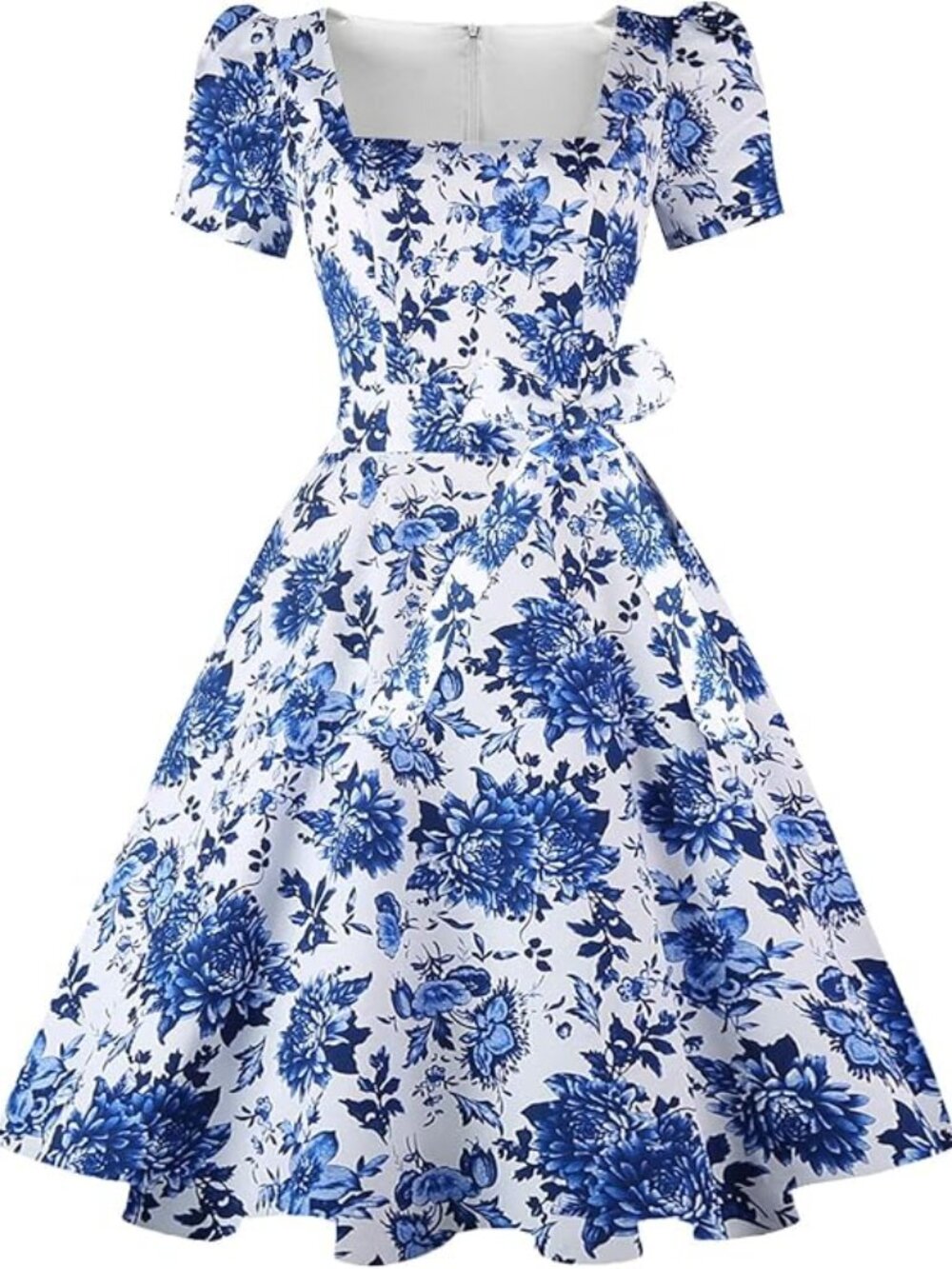 Women's Square Neck Dress Vintage 1950s Cocktail Party Dress with Puff Sleeves